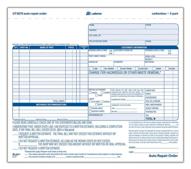 Adams Auto Repair Order Forms, 8.5 x 7.44 Inch, 3Part, Carbonless, 50